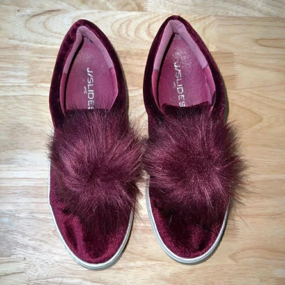 J/SLIDES, Cranberry Velvet Platform Sneakers Pom Pom Accent, Women’s 6.5
